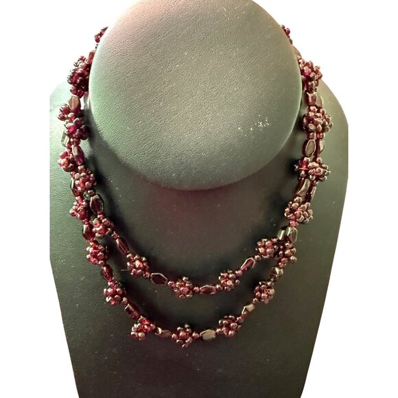 Garnet Grape Cluster Necklace 34 Inches Beaded  Handcrafted Estate - Picture 1 of 7